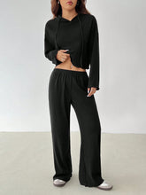 Women Solid Color Drop Shoulder Long Sleeve Drawstring Hooded Top And Pants Casual Set, For Autumn